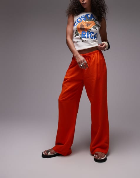 Topshop - Broek met rechte pijpen en linnen in oranje - view 1