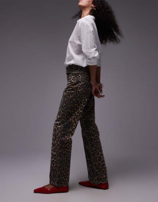 Topshop - Broek met rechte pijpen, lange pasvorm en luipaardprint in multi
