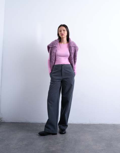 Topshop - Broek met wijde pijpen en siernaden van imitatiesuède in leigrijs - view 1