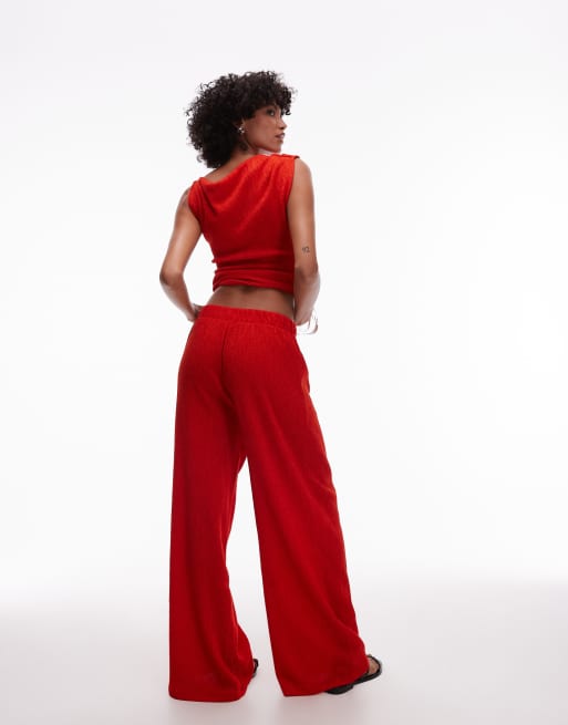 Topshop - Broek met wijde pijpen en textuur in rood, 3 van 5