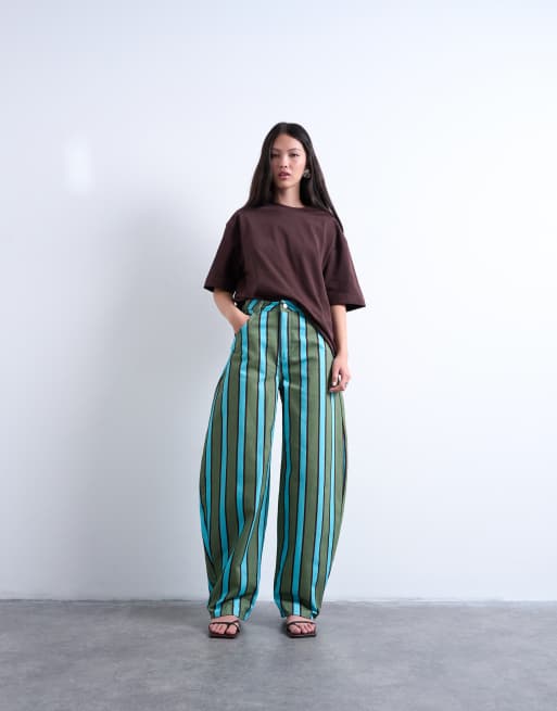 Topshop - Broek met wijde ronde pijpen en halfhoge taille in groen en blauw