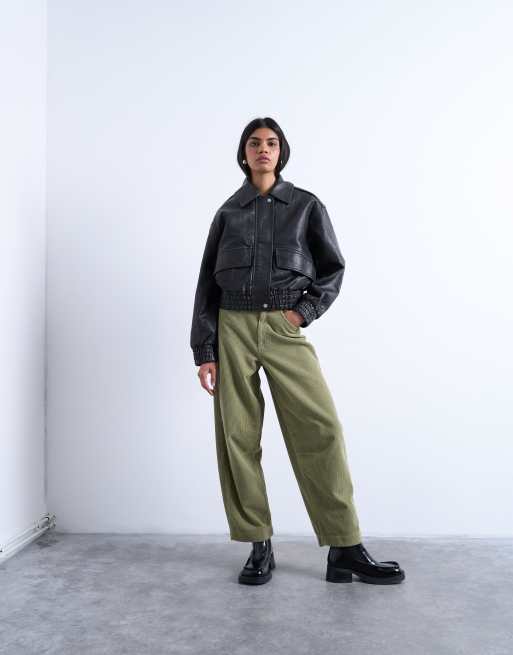 Topshop - Broek van corduroy met hoge taille en wijde ronde pijpen in groen
