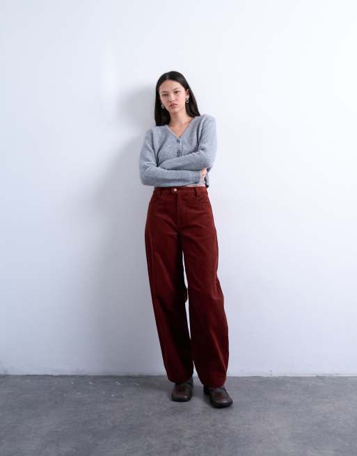 Topshop - Broek van corduroy met hoge taille en wijde ronde pijpen in roestbruin