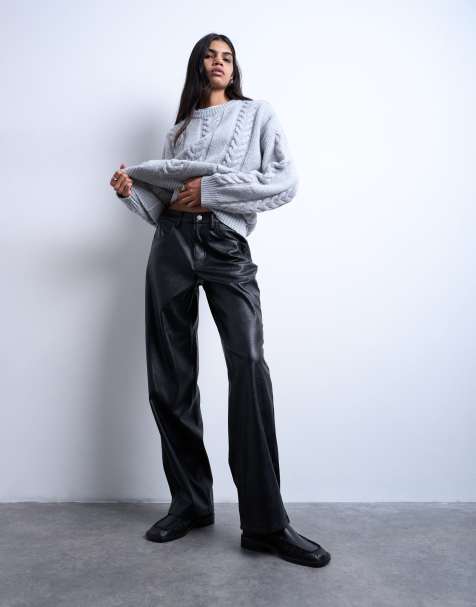Topshop - Broek van imitatieleer met bandje in zwart - view 1