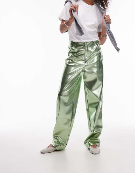 Topshop - Broek van imitatieleer met rechte pijpen in metallic groen - view 1