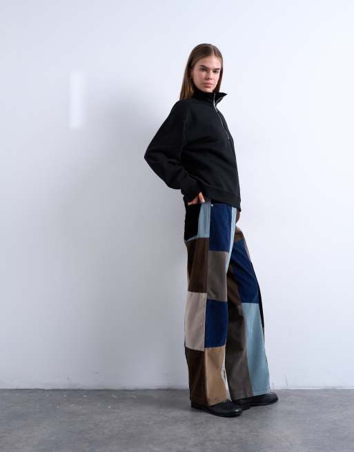 Topshop - Broek van imitatiesuède met patchwork en bandje in de taille in blauw, 3 van 5