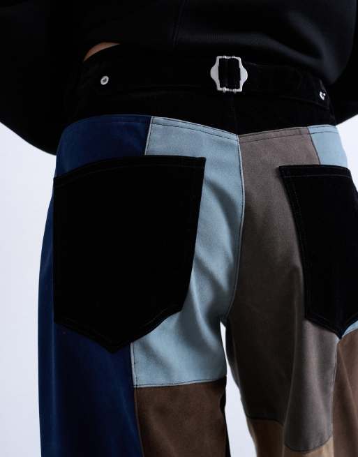 Topshop - Broek van imitatiesuède met patchwork en bandje in de taille in blauw, 4 van 5