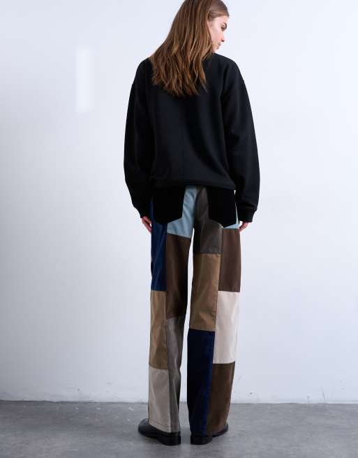 Topshop - Broek van imitatiesuède met patchwork en bandje in de taille in blauw, 5 van 5