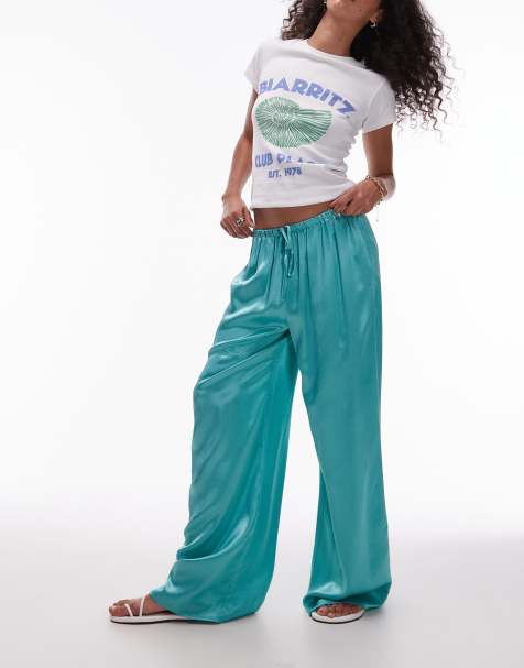 Topshop - Broek van kreukelsatijn met wijde pijpen in blauw - view 1