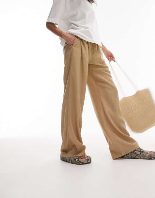 Topshop - Broek van linnen met trekkoord op de taille en rechte pijpen in zandkleur