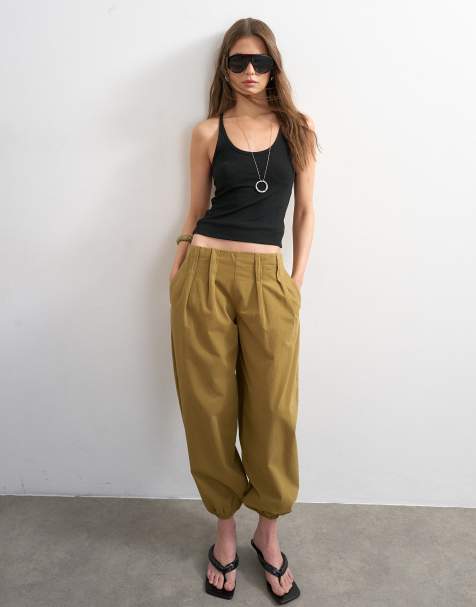 Topshop - Broek van poplin met ballonpijpen in kaki - view 1
