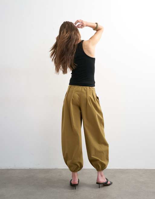 Topshop - Broek van poplin met ballonpijpen in kaki, 4 van 5