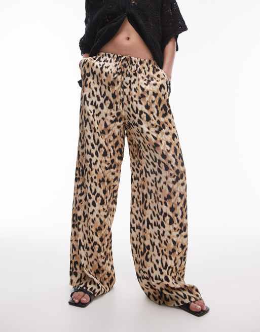 Topshop - Broek van satijn met rechte pijpen, gestrikte taille en luipaardprint