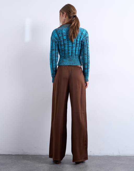 Topshop - Broek van satijn met wijde pijpen en gestrikte taille in chocoladebruin, 5 van 5