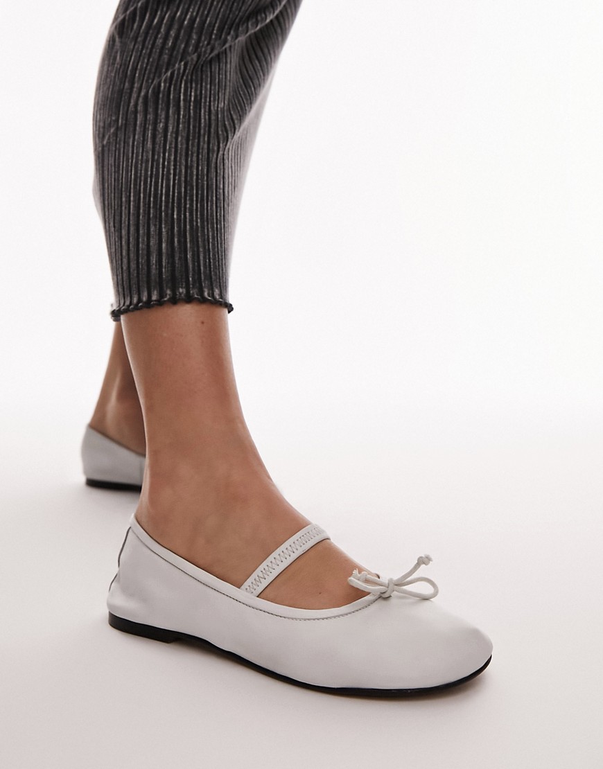 Topshop Brooke Leather Unlined Ballerina Shoe In White