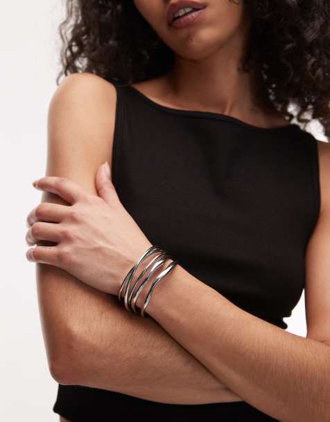 Topshop Brooklyn 2 pack cuff bracelets in silver tone - view 1
