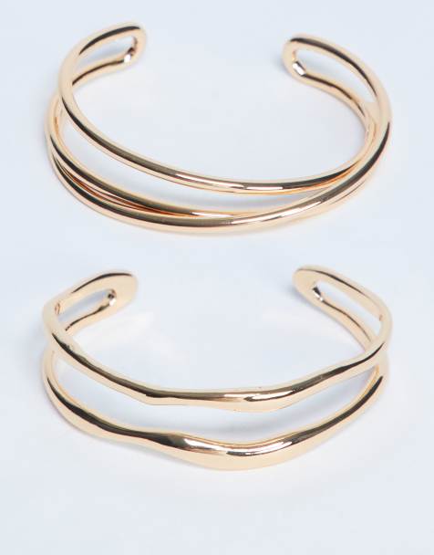 Topshop Brooklyn 2 pack of cuff bracelets in gold tone - view 1