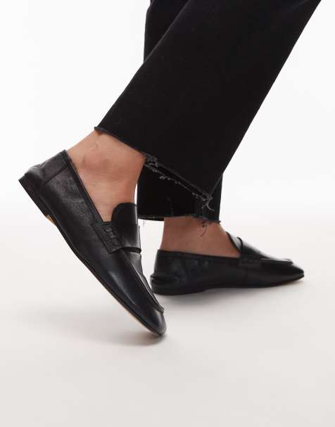 Topshop – Brooks – Płaskie czarne skórzane buty z marszczonym tyłem - view 1