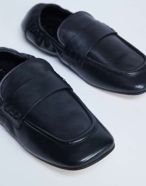Topshop Brooks ruched back real leather flat shoes in black