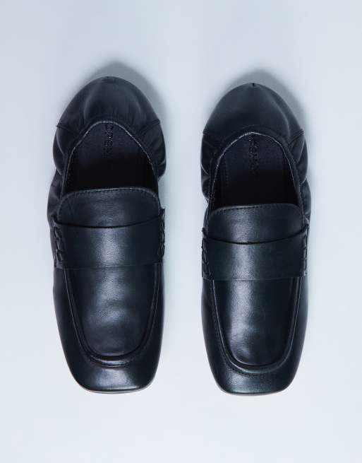 Topshop Brooks ruched back real leather flat shoes in black