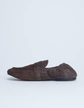Topshop Brooks ruched back real suede leather flat shoe in chocolate