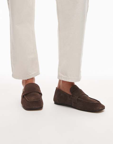 Topshop Brooks ruched back real suede leather flat shoes in chocolate - view 1