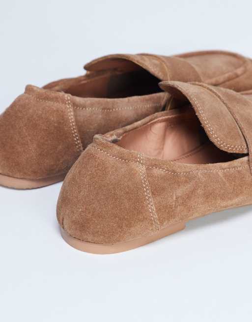 Topshop Brooks ruched back real suede leather flat shoes in tan