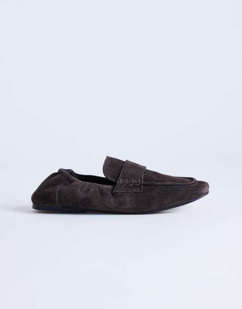 Topshop Brooks ruched back real suede leather loafers in chocolate - view 1