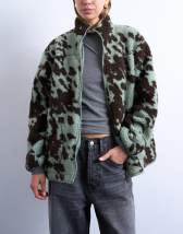 Topshop brown and teal cow print borg fleece jacket with contrast teal binding in multi
