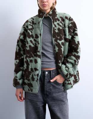 Topshop Brown And Teal Cow Print Teddy Fleece Jacket With Contrast Teal Binding In Multi