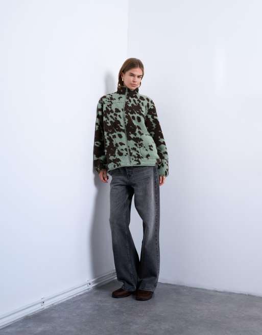 Topshop brown and teal cow print teddy fleece jacket with contrast teal binding in multi, 2 of 4