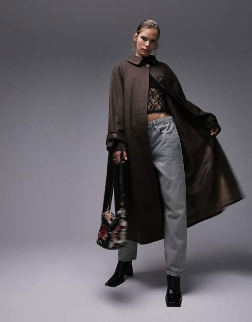 Topshop - Børstet longline-trenchcoat med bælte i chokoladebrun , 3 af 4
