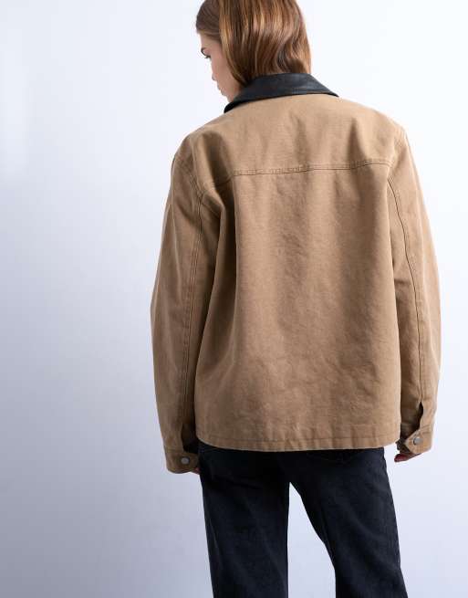 Topshop – Brun arbetsjacka med dragkedja och kontrastfärgad krage i polyester, 4 av 4