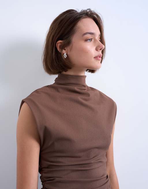 Topshop – Brun, ärmlös topp i crepe med hög krage, 4 av 4