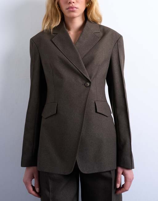 Topshop - Brun asymmetrisk slå-om-blazer med sømdetaljer - Del af sæt, 2 af 4