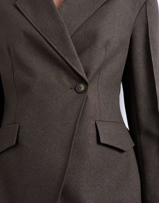 Topshop - Brun asymmetrisk slå-om-blazer med sømdetaljer - Del af sæt, 3 af 4