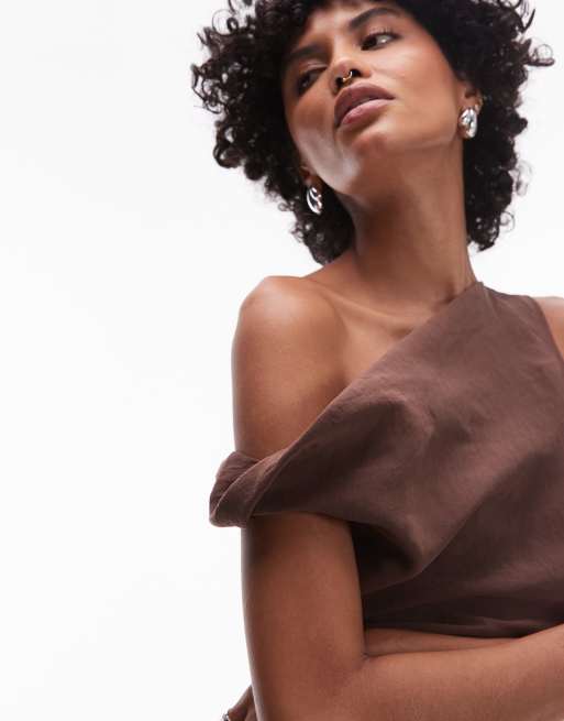 Topshop - Brun asymmetrisk top med snoet detalje i superblød cupro, 3 af 4