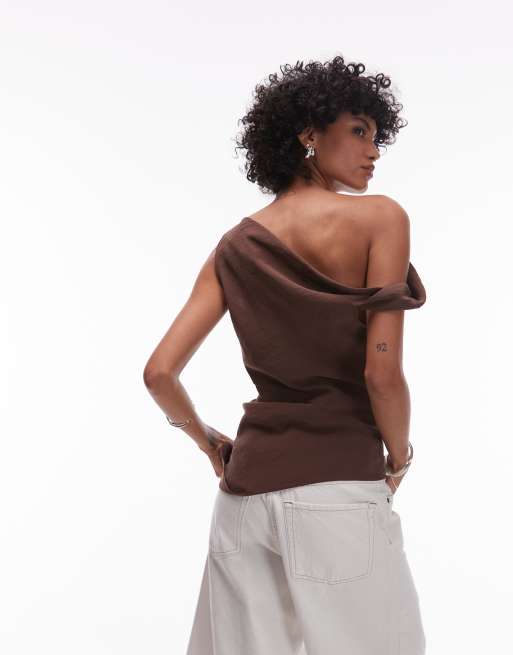 Topshop - Brun asymmetrisk top med snoet detalje i superblød cupro, 4 af 4