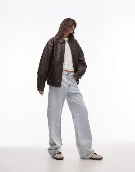 Topshop – Brun bomberjacka i texturerad läderimitation och oversize med krage, 3 av 4