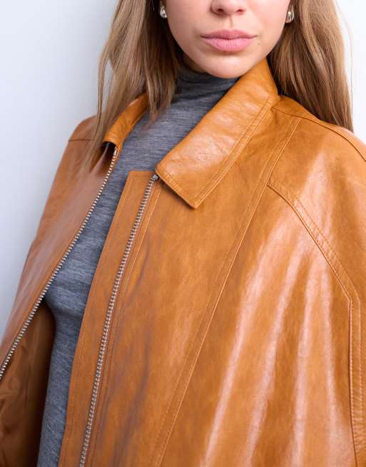 Topshop – Brun jacka i läderimitation med dragkedja och sömmar, 3 av 4