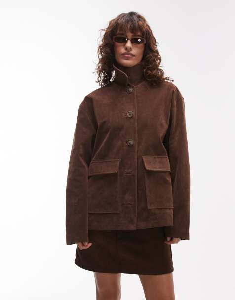 Topshop – Brun jacka i mockaimitation med ficka och boxig passform - view 1