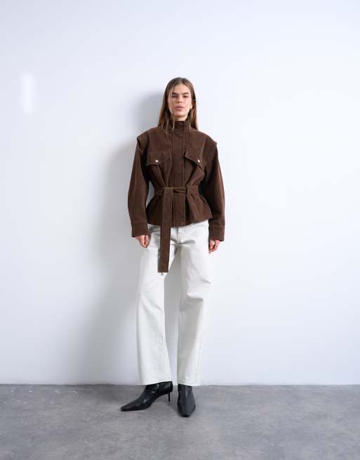 Topshop - Brun jakke i imitere ruskind med lavtsiddende bælte og ståkrave, 3 af 4