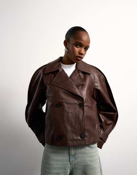 Topshop - Brun kort trenchcoat i imiteret læder med ovale ærmer - view 1