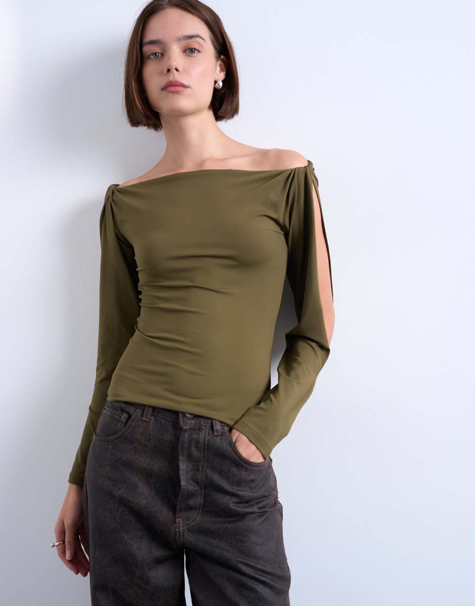 Twisted shoulder long-sleeve top