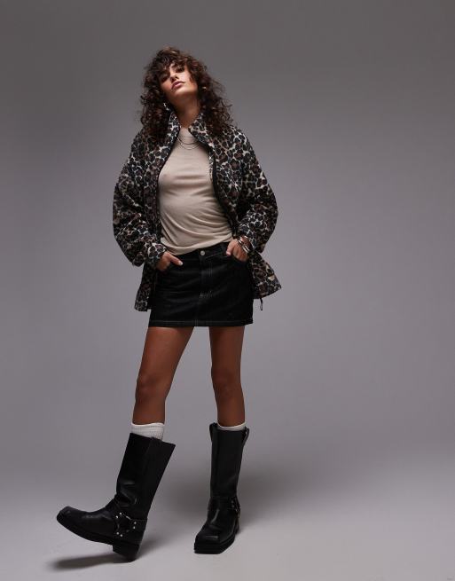 Topshop – Brun, leopardmönstrad fleece i teddymaterial med ståkrage och dragkedja, 3 av 4