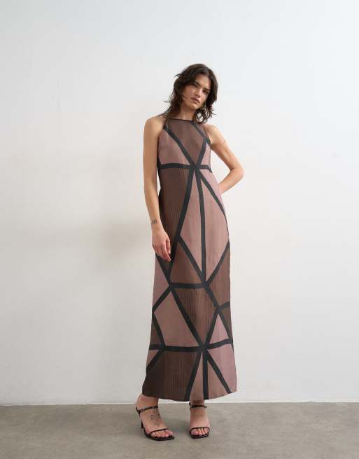 Topshop - Brun maxikjole i satin med stropper og åben ryg samt abstrakt geometrisk print, 2 af 4