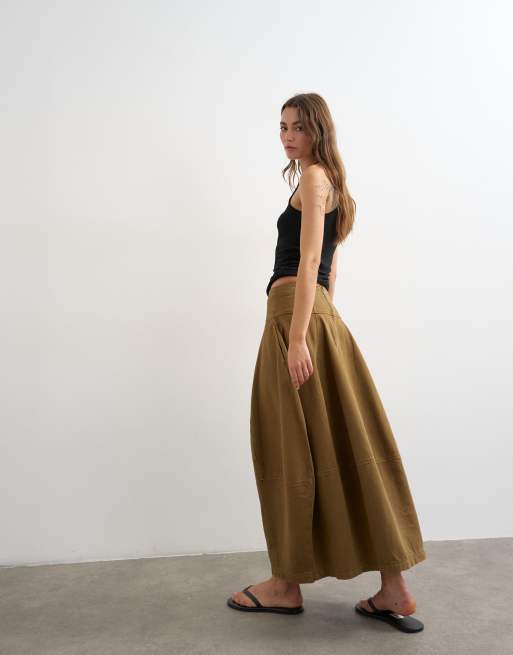 Topshop - Brun maxinederdel i denim med barrel-form og synlige sømme, 2 af 5