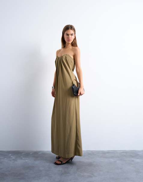 Topshop – Brun midiklänning i strukturerad poplin med bandeau modell och indragen byst - view 1