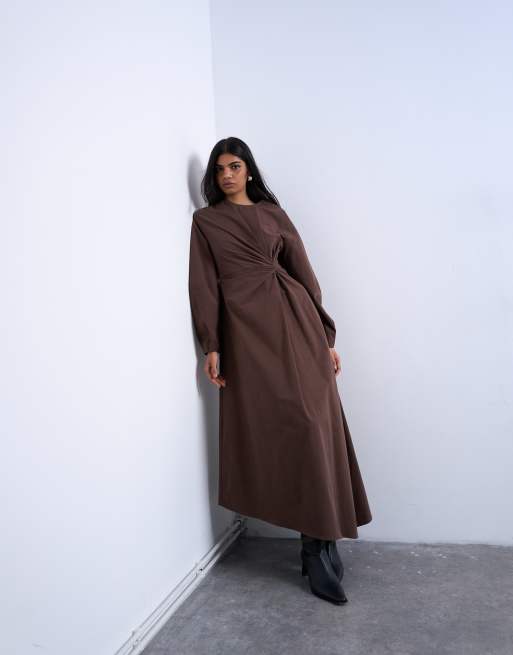 Topshop – Brun midiklänning med knutdetalj och asymmetrisk fåll, 3 av 4