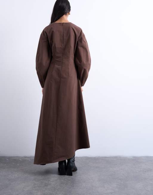 Topshop – Brun midiklänning med knutdetalj och asymmetrisk fåll, 4 av 4
